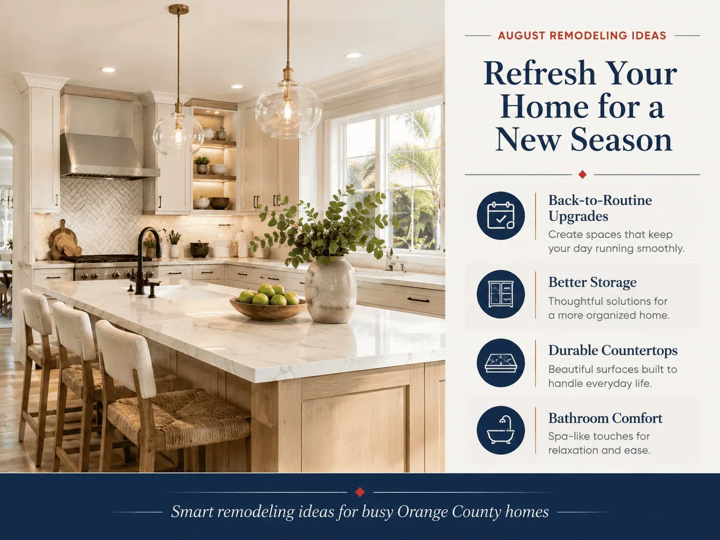 Bright kitchen with a marble island and woven stools beside a panel of August remodeling ideas