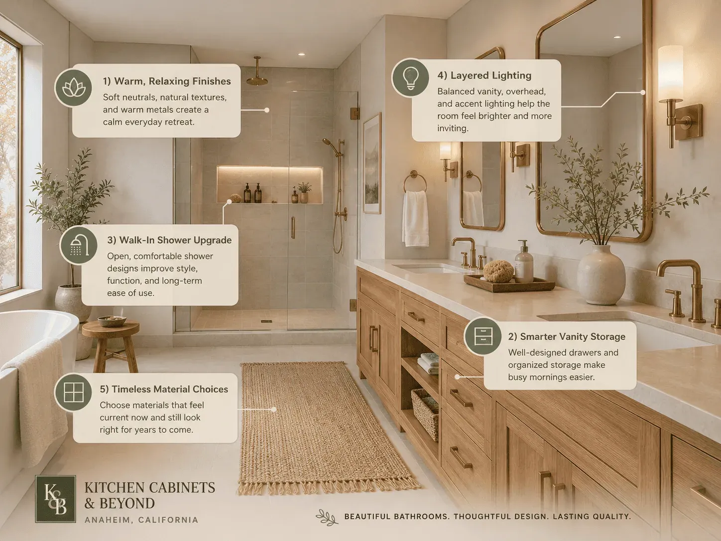 Bathroom remodel ideas showing warm finishes, smart vanity storage, walk-in shower design, layered lighting, and timeless material choices