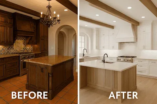 Before and after of an Anaheim kitchen remodel, dark wood cabinetry and terracotta tile replaced with white cabinetry and a beamed ceiling