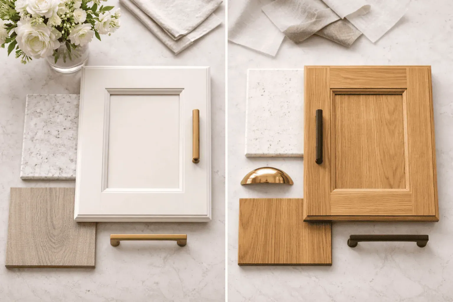 White painted and natural oak cabinet door samples laid out beside speckled countertop swatches and brass pulls