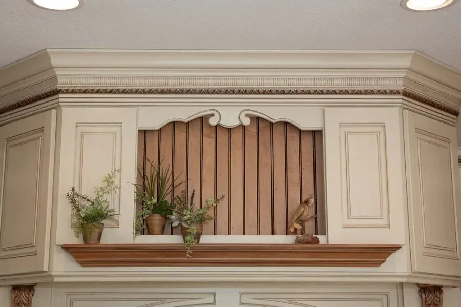 Close view of cream cabinet crown molding above an open shelf with potted plants