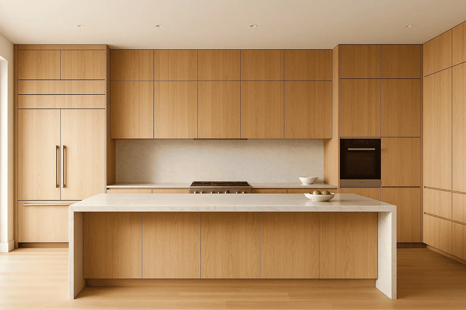 Light oak slab-front kitchen with full-height cabinetry, integrated ovens and a white waterfall island