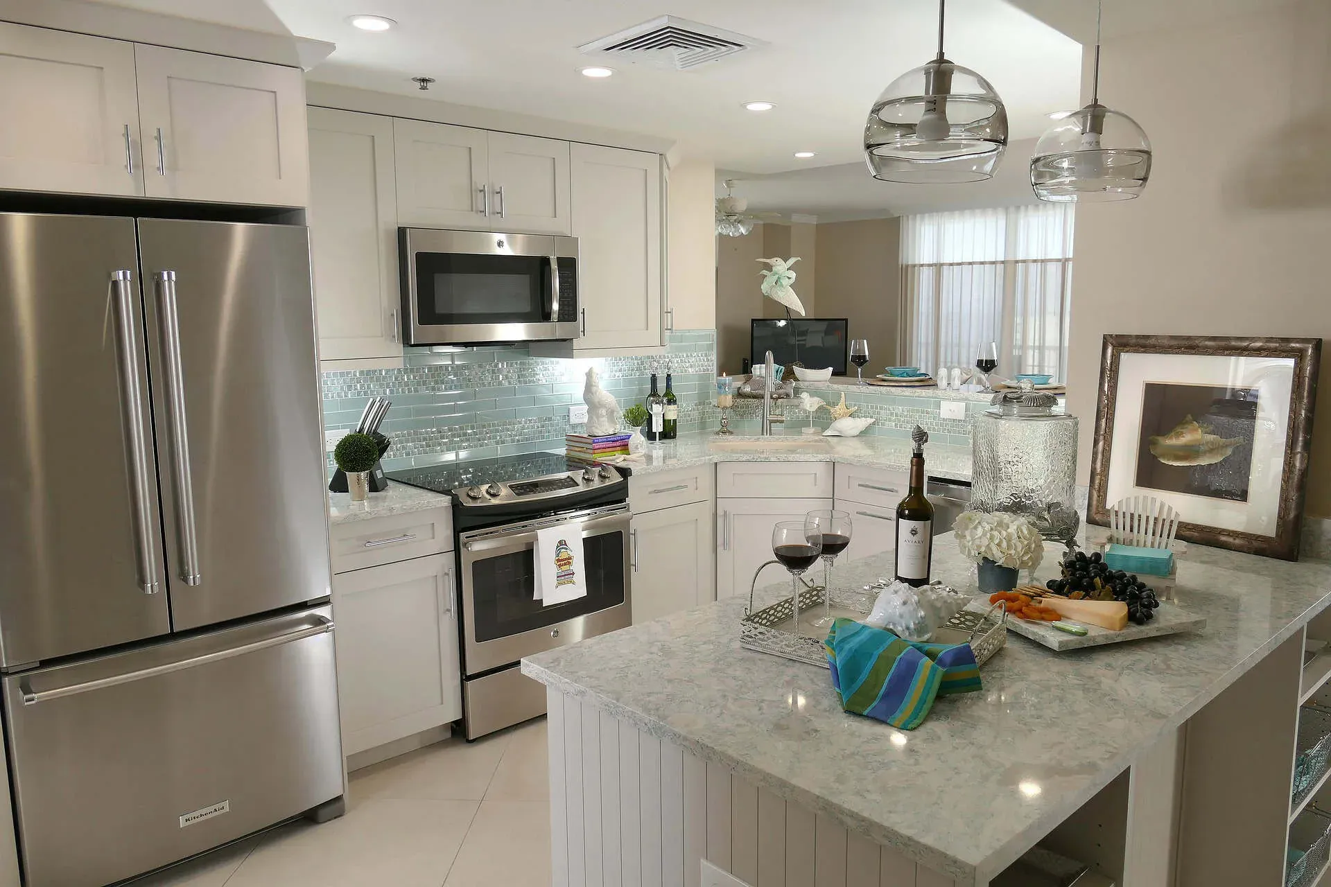 Orange County kitchen remodel showing custom cabinetry and island seating for four