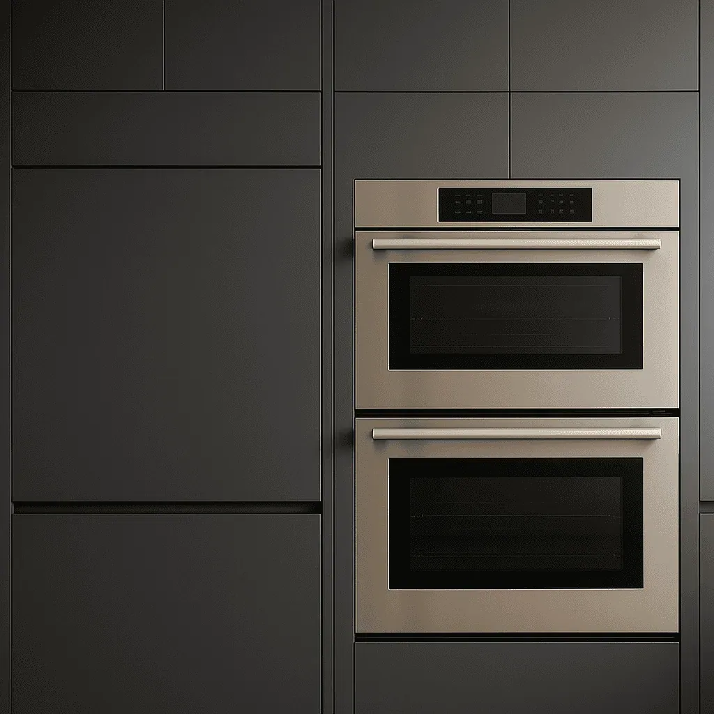 Graphite panel-ready refrigerator doors beside a stainless double oven stack with finger-pull channels